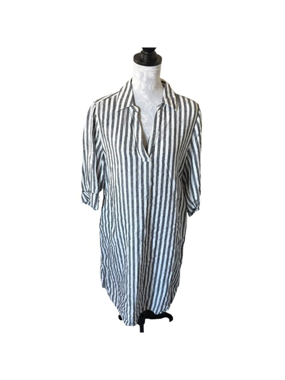 Soft Surroundings Tunic Linen Shift Dress Striped Long Sleeve Large